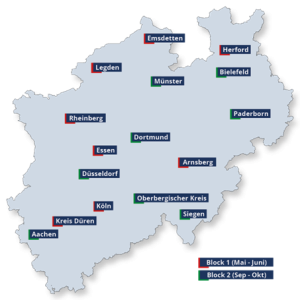 Alle Aktionstage auf einen Blick über ganz NRW verteilt für 2026, im Rahmen der Initiative „Heizkeller der Zukunft“, eingeteilt in zwei Blöcke.