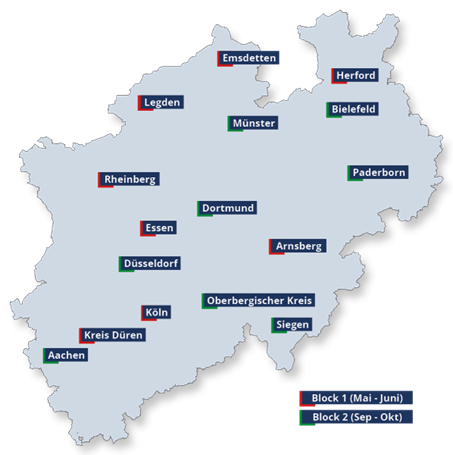 Alle Aktionstage auf einen Blick über ganz NRW verteilt für 2026, im Rahmen der Initiative „Heizkeller der Zukunft“, eingeteilt in zwei Blöcke.